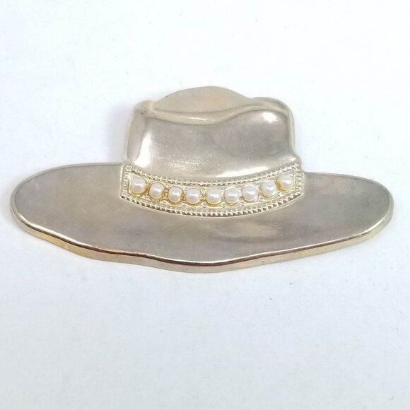 Vintage Fancy Hat Scarf Clip Brooch Gold Tone Faux Pearl Detail, Retro 80s Style - Picture 1 of 5